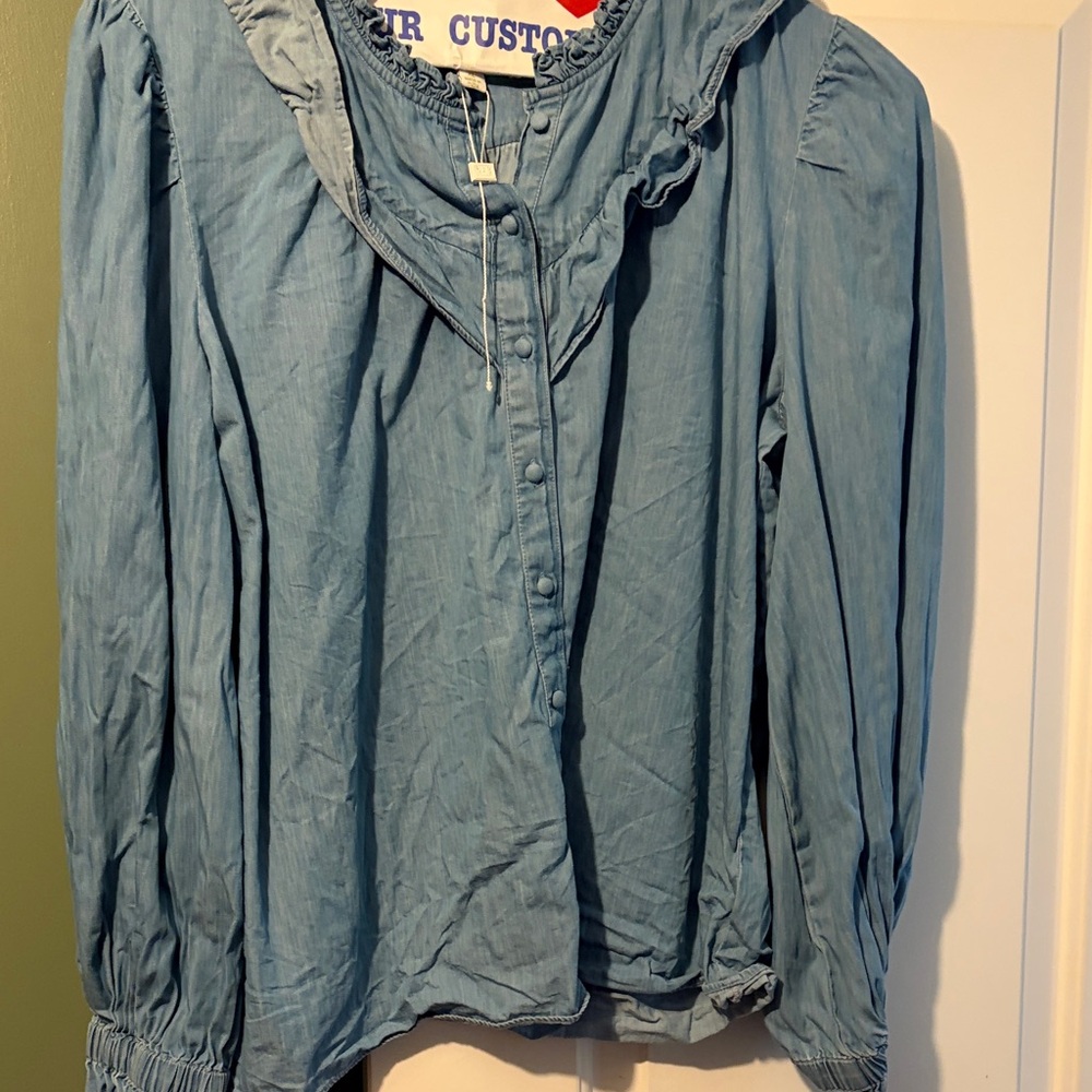 Light Denim-Blue Ruffle Collar Button-Front Blouse